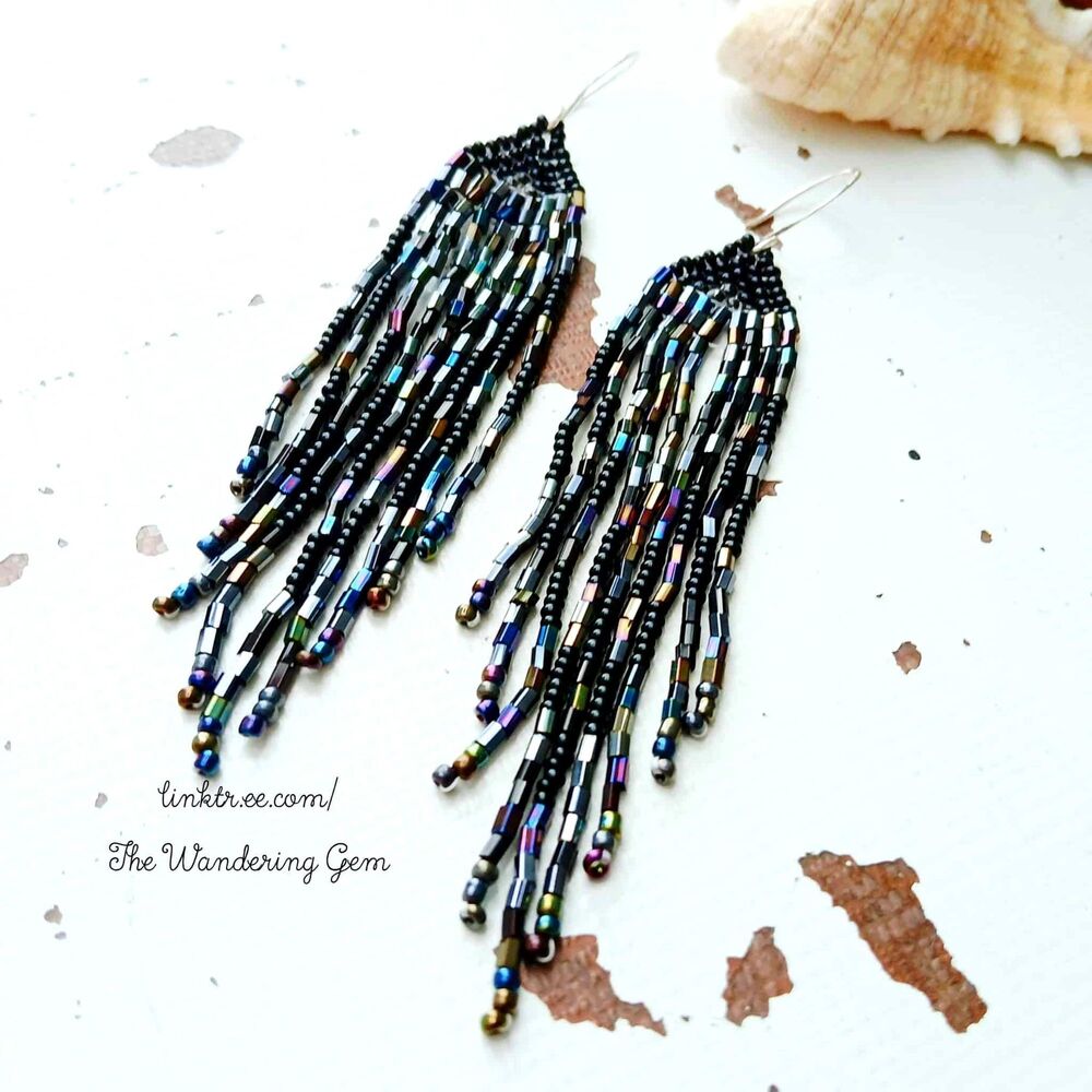 BOGO EARRINGS Black Beaded Fringe Cascade Shoulder Duster Dangle
